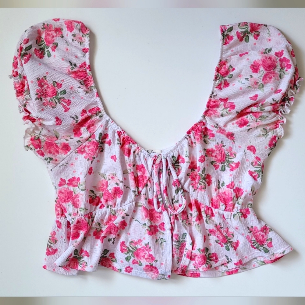 White Cropped Top with Pink Floral Print